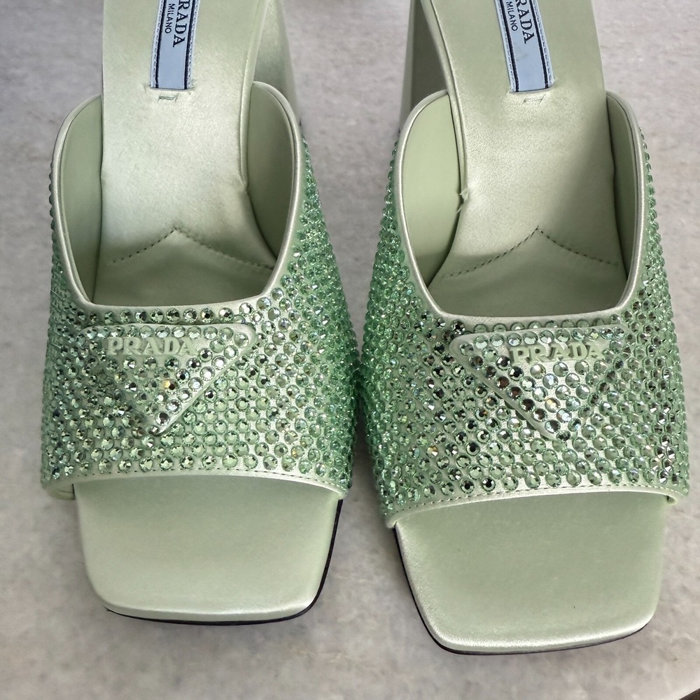 Prada 1XX642 Satin Crystal Embellished Acqua Slide Heel Sandals, 36.5 - Picture 13 of 16